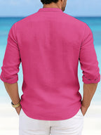 Men'S Casual Faux Linen Stand Collar Long Sleeve Shirt, Breathable And Comfortable Fabric, Suitable for Daily Wear, Travel, And Beach Vacations, Machine Washable Regular Fit, Easy Letter Print Design, Fashionable And Versatile Top, Ideal Gift - Rose Red