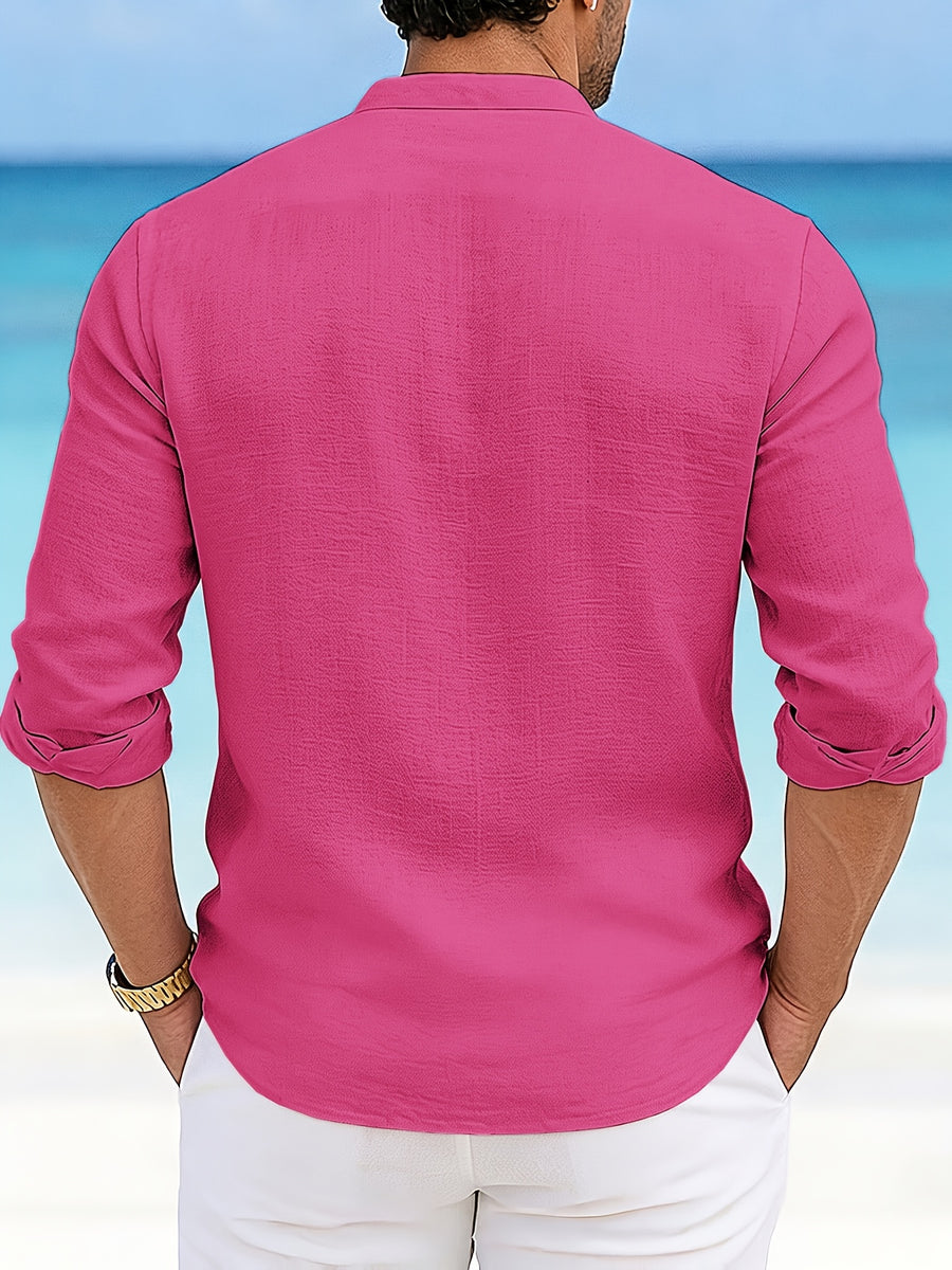 Men'S Casual Faux Linen Stand Collar Long Sleeve Shirt, Breathable And Comfortable Fabric, Suitable for Daily Wear, Travel, And Beach Vacations, Machine Washable Regular Fit, Easy Letter Print Design, Fashionable And Versatile Top, Ideal Gift - Rose Red