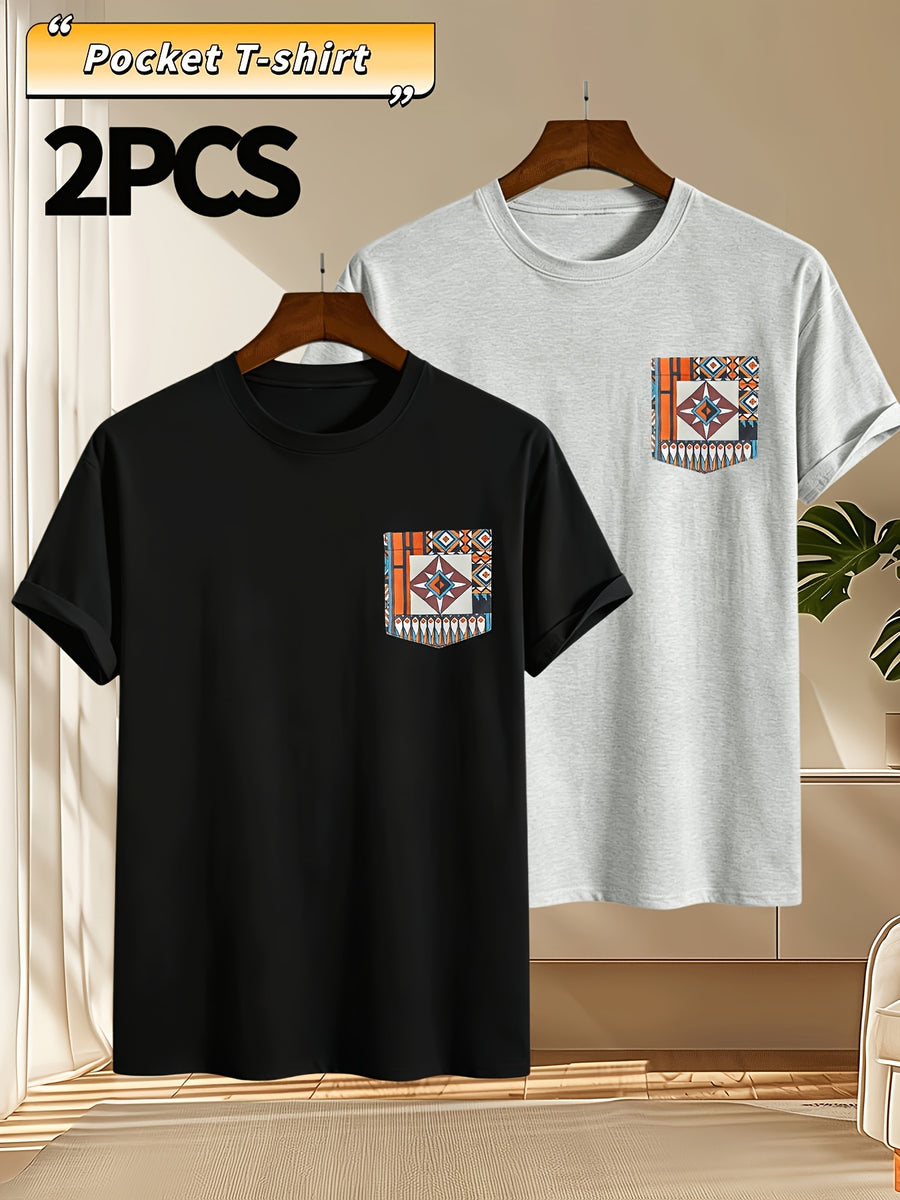 2pcs Men's Round Neck Pocket Short-Sleeve T-Shirt, Suitable for Summer Outdoor Casual Wear, Versatile Casual Knit Top, Men's Casual Pocket Design Sport T-Shirt - Black+light Gray