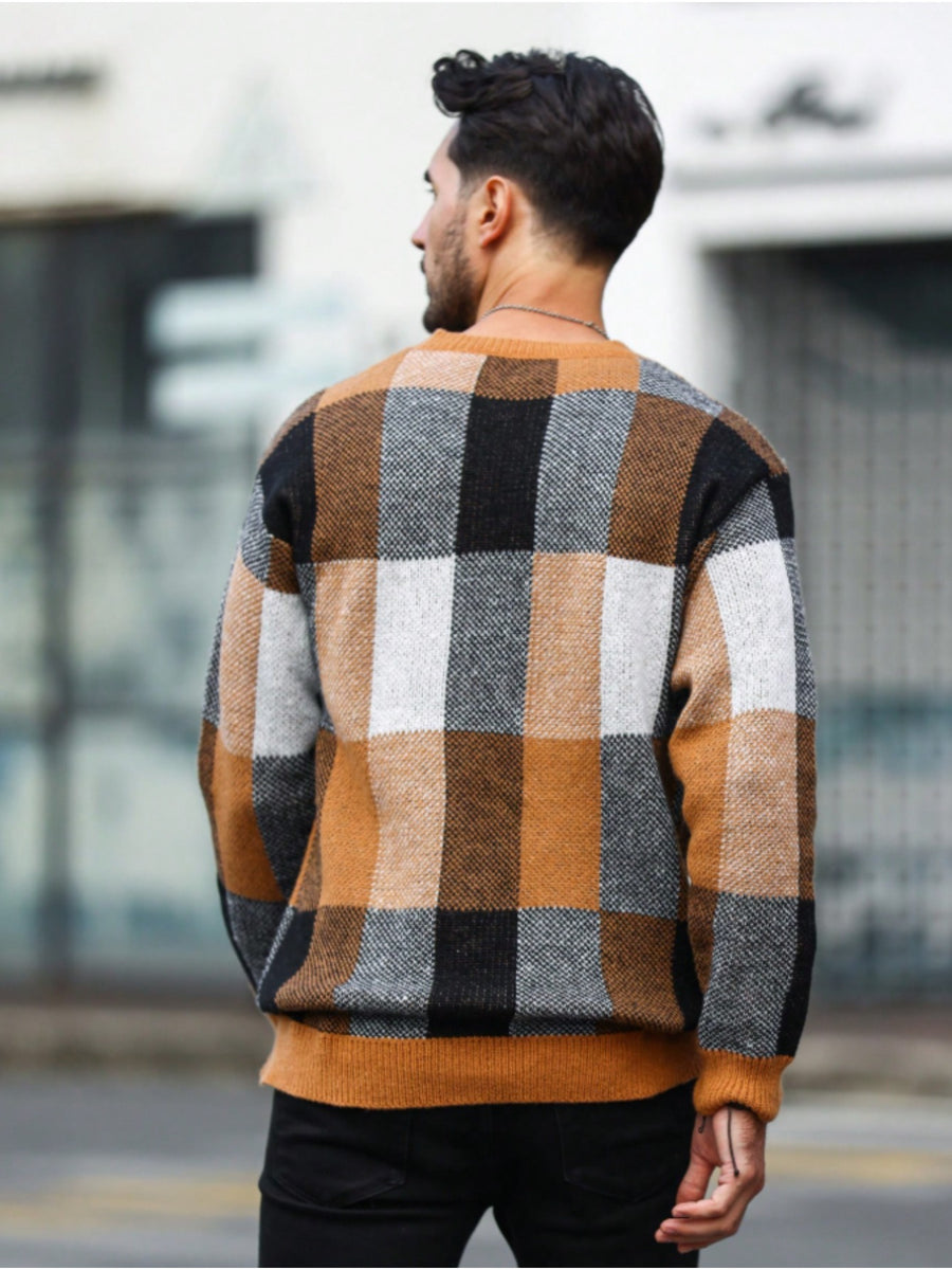 JANE DRESSINGLOG Men's Retro Casual Color Blocked Knitted Hoodie, Trendy Grid Color Block Splicing Long Sleeve Round Neck Warm Knitted Sweater, Suitable for Daily Street Commuting and Outing in Autumn and Winter - Orange