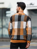 JANE DRESSINGLOG Men's Retro Casual Color Blocked Knitted Hoodie, Trendy Grid Color Block Splicing Long Sleeve Round Neck Warm Knitted Sweater, Suitable for Daily Street Commuting and Outing in Autumn and Winter - Orange