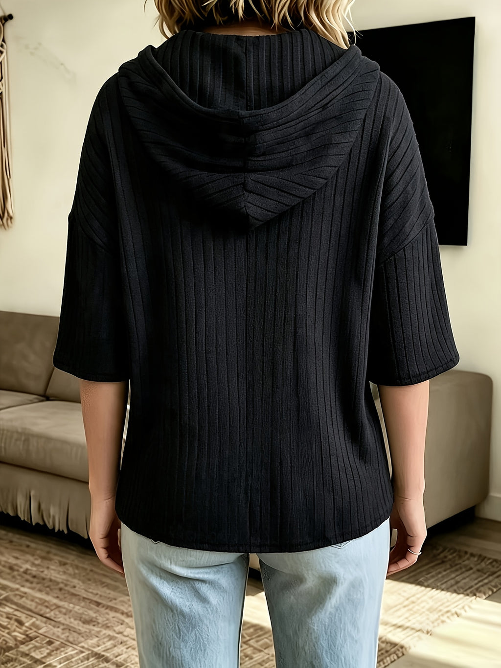 Fashionable Hooded Sweatshirt Autumn New Women'S Short Sleeve Hoodie, Elegant Ribbed Material, Hooded Sweatshirt Suitable for Daily Commute Office Wear, Party Outing Outdoor Wear - Black
