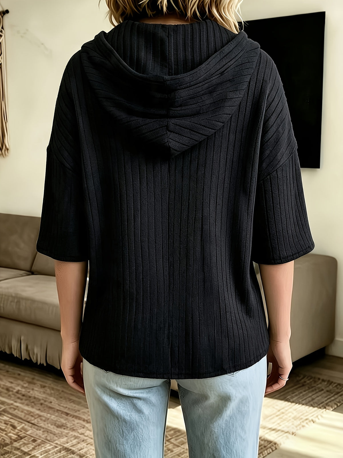 Fashionable Hooded Sweatshirt Autumn New Women'S Short Sleeve Hoodie, Elegant Ribbed Material, Hooded Sweatshirt Suitable for Daily Commute Office Wear, Party Outing Outdoor Wear - Black