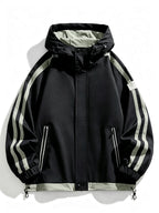 American Color-Block Striped Men'S Hooded Jacket Spring Autumn Drawstring Sports Jacket Ins Trendy Casual Windbreaker - Black