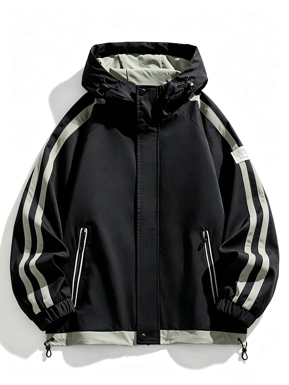American Color-Block Striped Men'S Hooded Jacket Spring Autumn Drawstring Sports Jacket Ins Trendy Casual Windbreaker - Black
