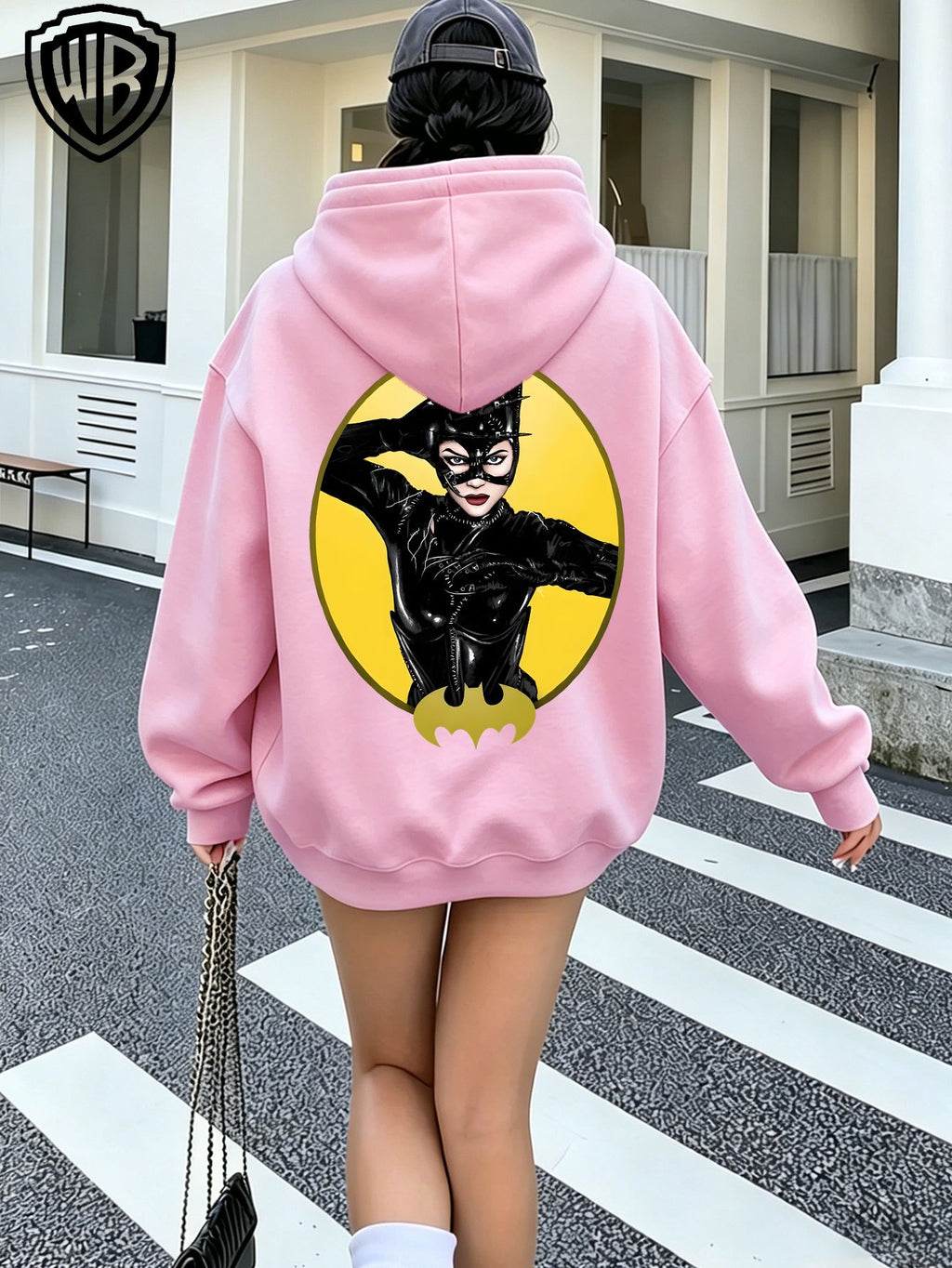 2026 Women's Hoodie DC Batman Catwoman Character Bat Logo Print Zip-Up Open Front Hooded Top Trendy Women's Jacket - Pink