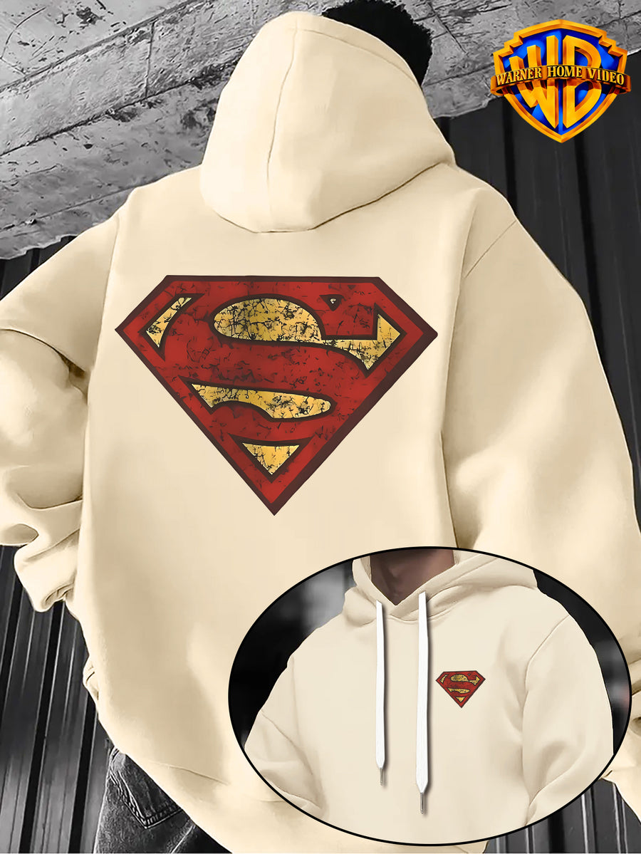 WB Warner Bros Official Superman Vintage Hoodie - Men's & Unisex Distressed Shield Logo Sweatshirt with S-Shield Back Print, Adjustable Hood, Loose Fit, Double-Sided Iconic WB Logo & Superman Emblem for Casual Wear, Machine Washable Warmth - Apricot