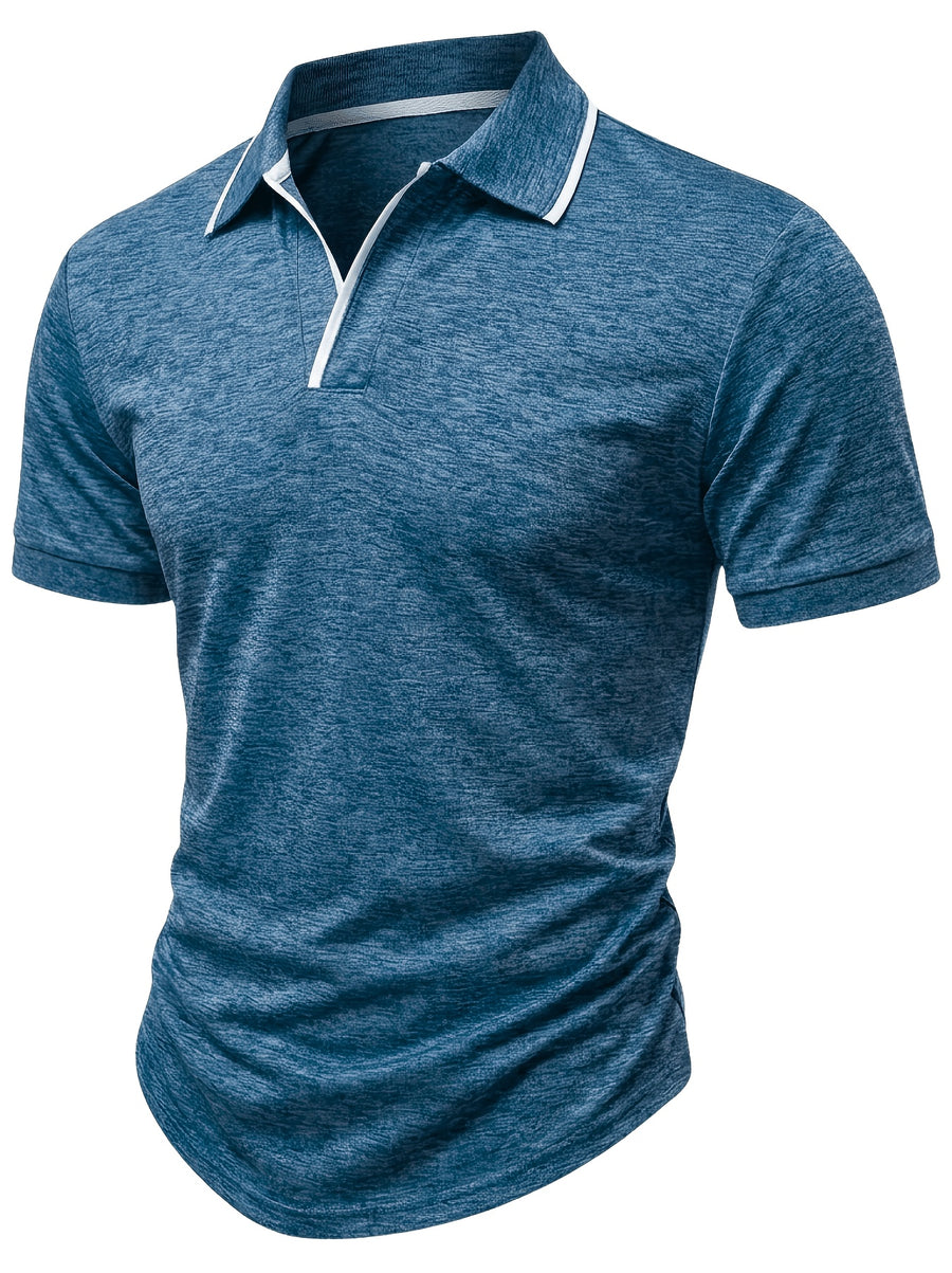 Summer Men'S Short Sleeve T-Shirt, Men'S Business Shirt, Round Neck Lapel Contrast Men'S T-Shirt, Casual Party, Suitable for Various Styles, Travel, Golf, Daily, Suburban Tourism, Family Travel, Parent-Teacher Meeting, Casual Short Sleeve Top, Knit - Dark Blue 1