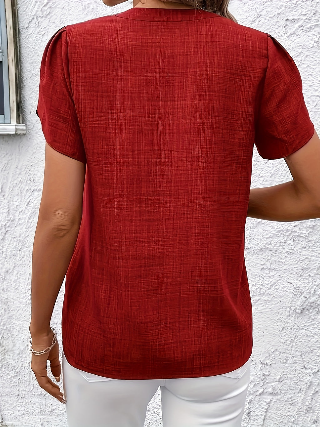 Elegant Petal Sleeve Notched V-Neck Shirt | Solid Color, Suitable for Spring/Summer/Fall - Red