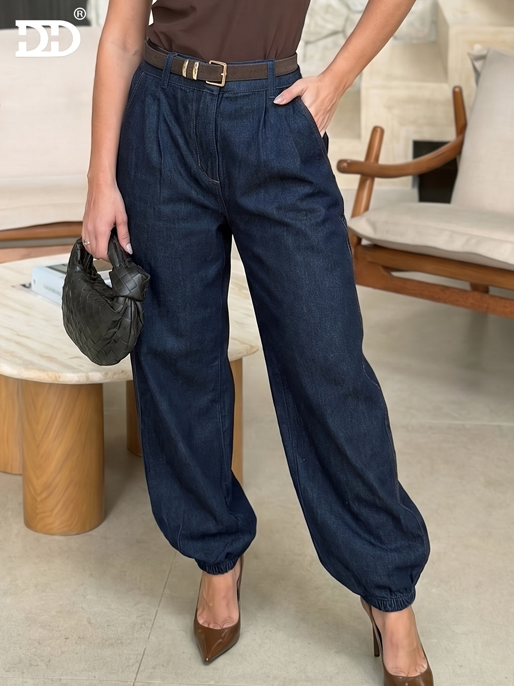 DD 2026 Summer New Women'S Straight Jeans, Vintage Washed Blue Elastic-Cuff Pants, Slant Pocket Loose Casual Trousers, Street Style, Mid-Rise Boyfriend Lantern Pants, Comfy for Travel, Queue, Trip - Deep Blue