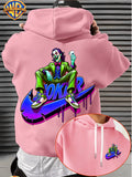 Warner Bros. Licensed, Purple Blue Neon Fluid Droplet Green Suit Bow Tie Licensed Clown Trendy Cool Print Men'S Fashion Hooded Sweatshirt, Sleeve Print Design, Kangaroo Pocket, Drawstring Hood, Suitable for Casual Wear And Outdoor Activities - Pink Color