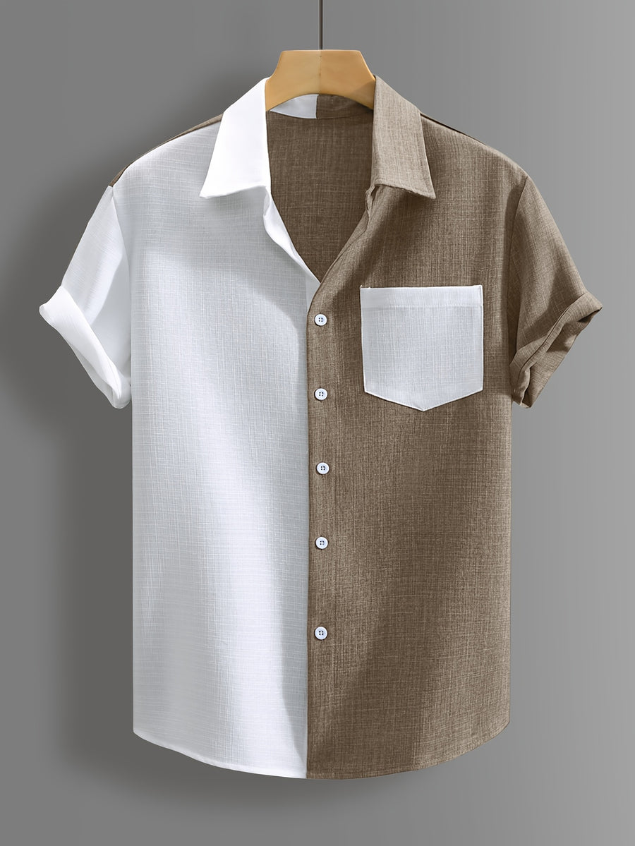 Fashion Contrast Color Men'S Short Sleeve Shirt, Casual Lapel Blouse Open Cardigan, Machine Washable, Hawaiian Beach Travel Party Style Casual Trendy Street Fashion Top, As a Gift - Khaki