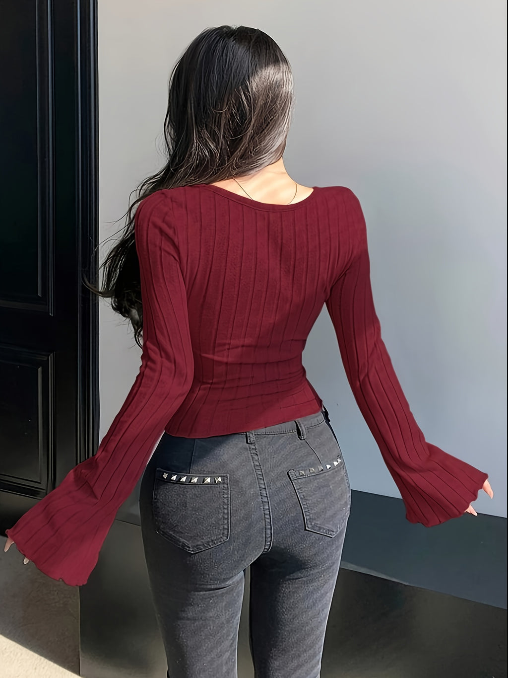 Pure Desire Style U-Neck Flared Sleeve Top - Burgundy