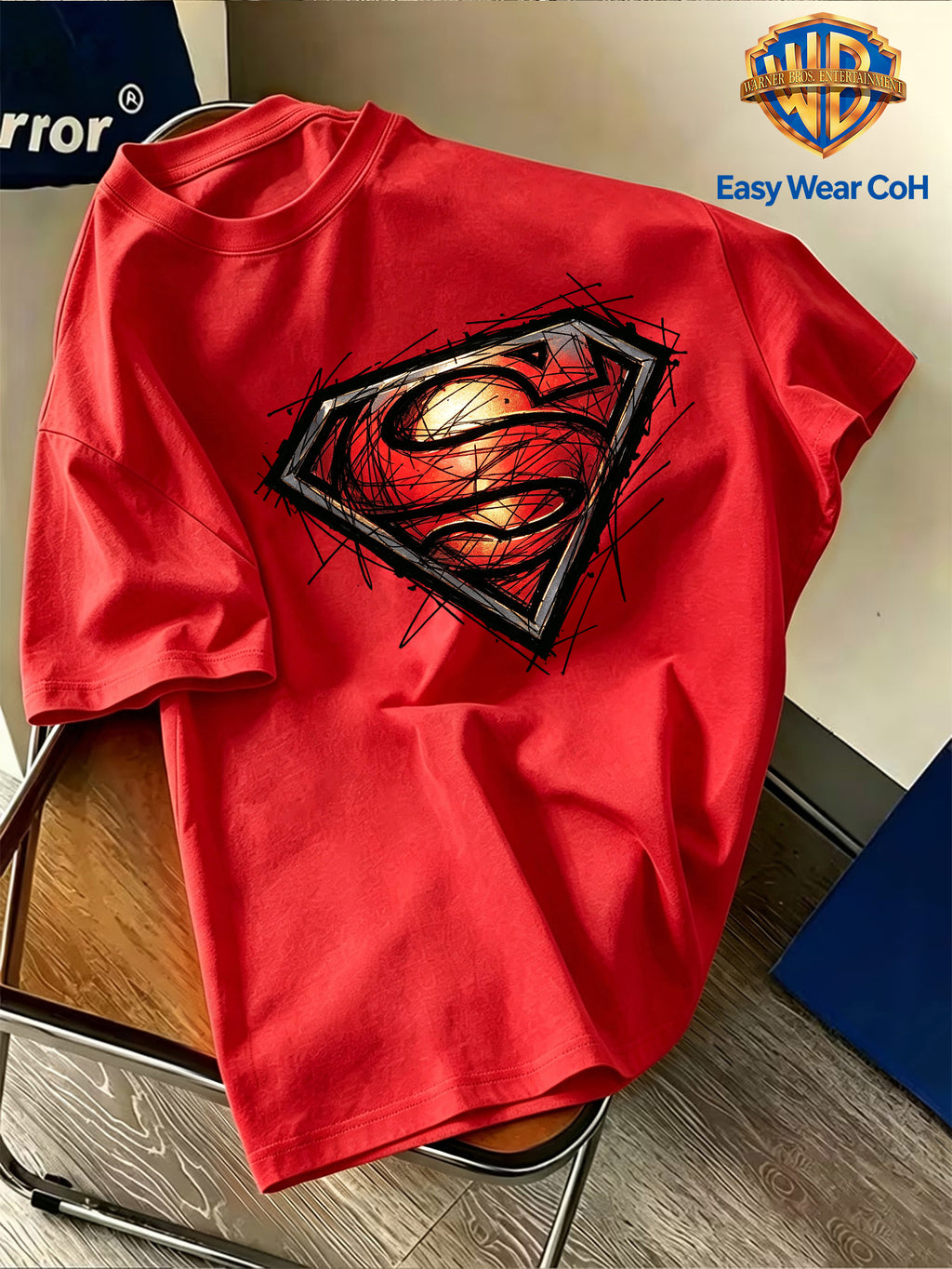 Warner Bros. Authentic Men's Pure Cotton Short-Sleeve T-Shirt, Featuring a Classic Hand-drawn Sketch-style Superman Core Pattern + S Shield Logo Creative Print. The Sketch Design Has Finely Detailed Layers, and the Pure Cotton Fabric Dispels Summer - Red
