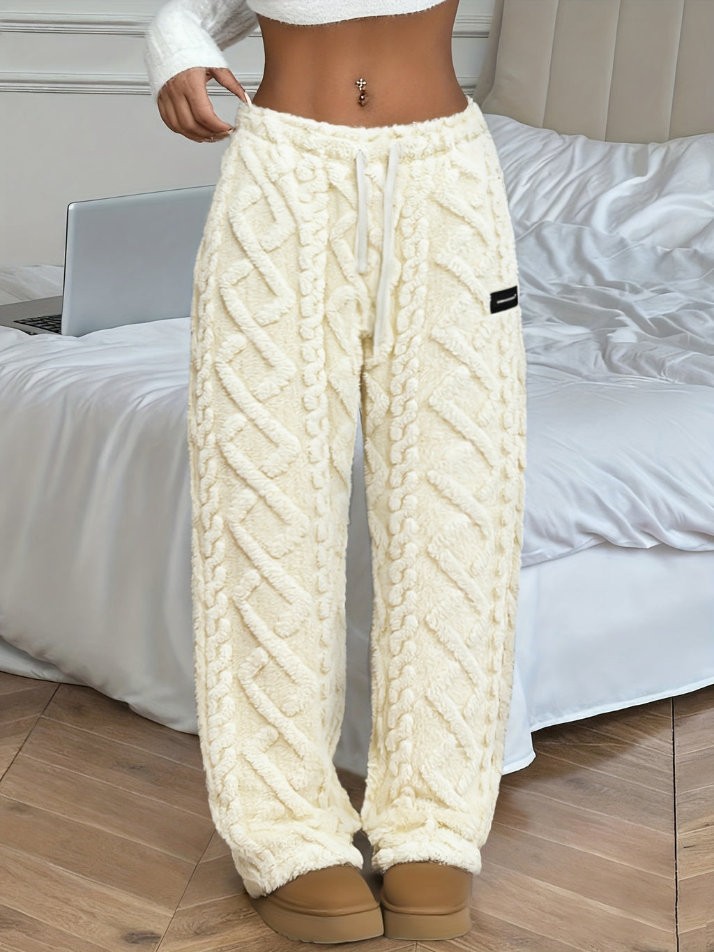 Women's Winter -Lined Casual Pants, Jacquard Fabric, Drawstring Waist, Suitable for Winter Home and Outdoor Wear - Off-white