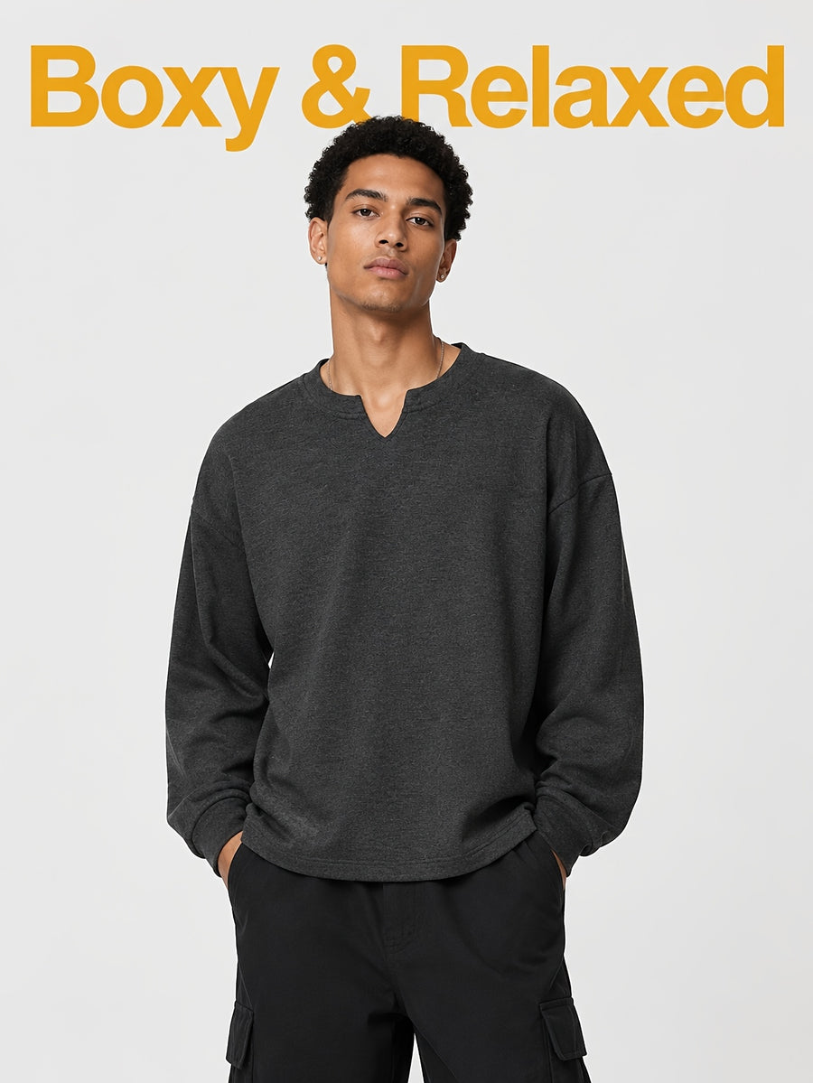1pc Men'S Oversized Henley Notch-Neck Pullover Top, Drop Shoulder Loose Silhouette, Soft Knit Fabric, Ribbed Cuffs, Straight Hem, Minimalist Street-Inspired Long Sleeve Shirt for Daily Casual Commute Wear - Black Gray