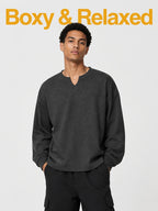 1pc Men'S Oversized Henley Notch-Neck Pullover Top, Drop Shoulder Loose Silhouette, Soft Knit Fabric, Ribbed Cuffs, Straight Hem, Minimalist Street-Inspired Long Sleeve Shirt for Daily Casual Commute Wear - Black Gray