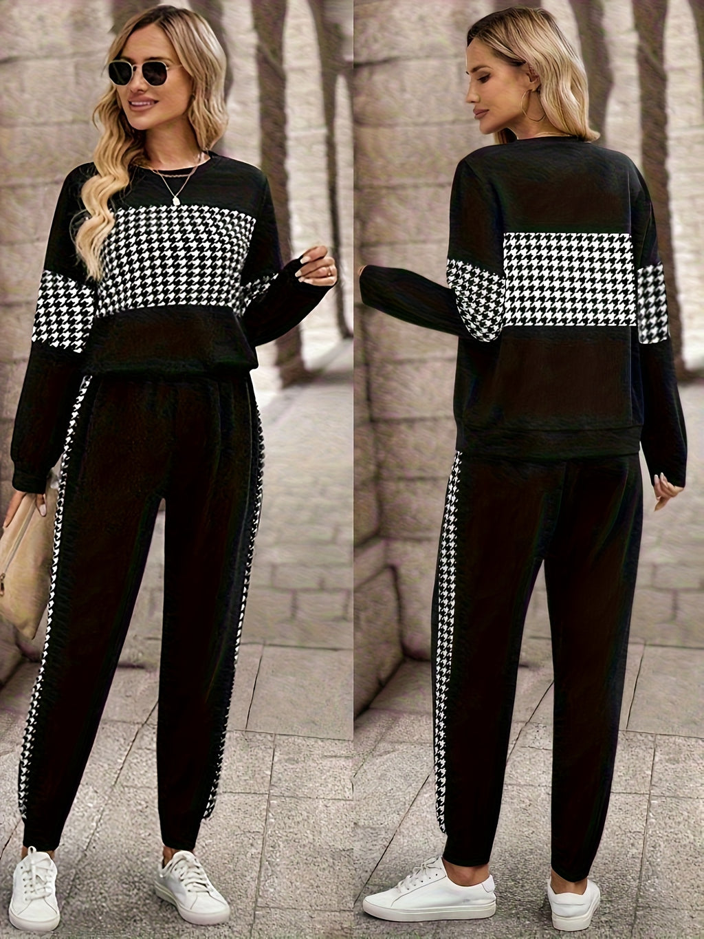 Ms. Emily Rose'S Long-Sleeve Houndstooth Patchwork Sweatshirt And Long Pants Two-Piece Set for Spring And Autumn - Black+Houndstooth