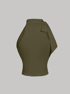 Chic Sleeveless Bodycon Top for Women - Sexy Stand Collar with Ruched Detail, Solid Color Black, Polyester Blend, Perfect for Office & Club Wear, Versatile Fashion | Sexy Sleeveless Top | Polyester Blend - Army Green
