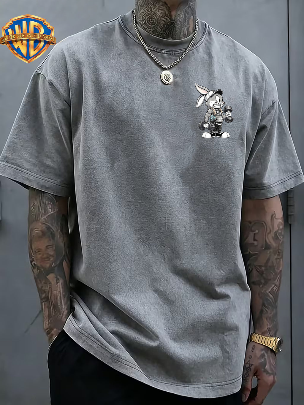 Fitness Weightlifting Rabbit Boggie Front And Back Double Print Washed T-Shirt, Washed Distressed Vintage Short Sleeve Style Le Yitong Anime Casual Top, Men'S 100% Washed Casual Comfortable Style Full Match Loose Summer Short Sleeve T-Shirt - Grey