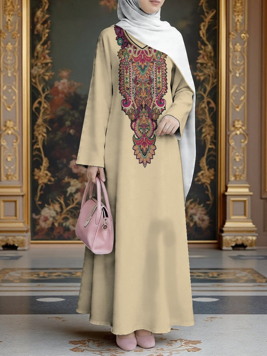 New Middle Eastern Style Muslim Elegant Robe, Soft Beige Base Neckline Exquisite Paisley Vintage Digital Print Women'S Long Abaya, Non-Embroidered Craft, Rich And Layered Pattern Colors, Loose And, Smooth Fabric, Festive Prayer And Banquet Wear - Mixed colors