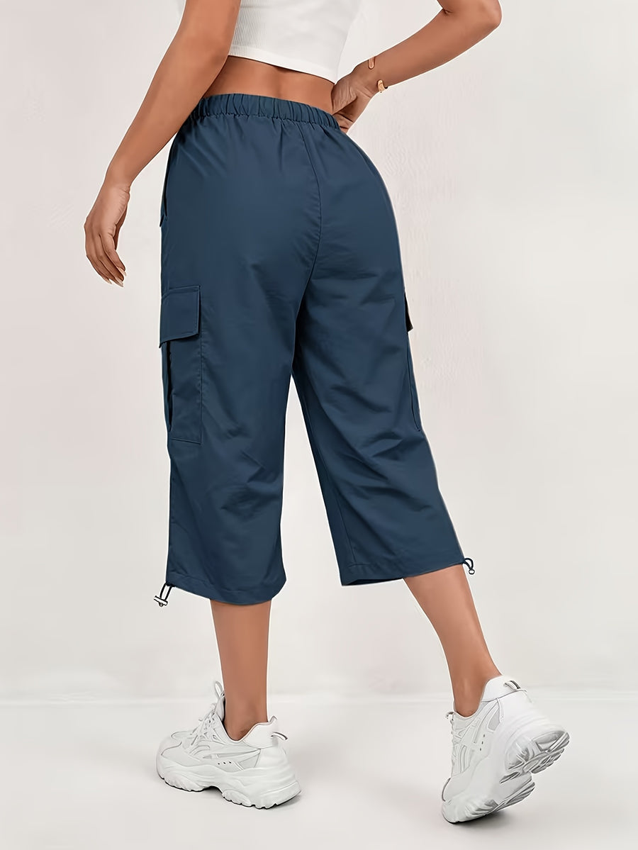Women'S Quick-Dry Cargo Capri Pants with Elastic Waist And Drawstring - Lightweight Stretch Suitable for Outdoor Pants, Multi-Trousers, Machine Washable Loose-Fit Mid-Length for Travel, Casual Attire - Navy Color