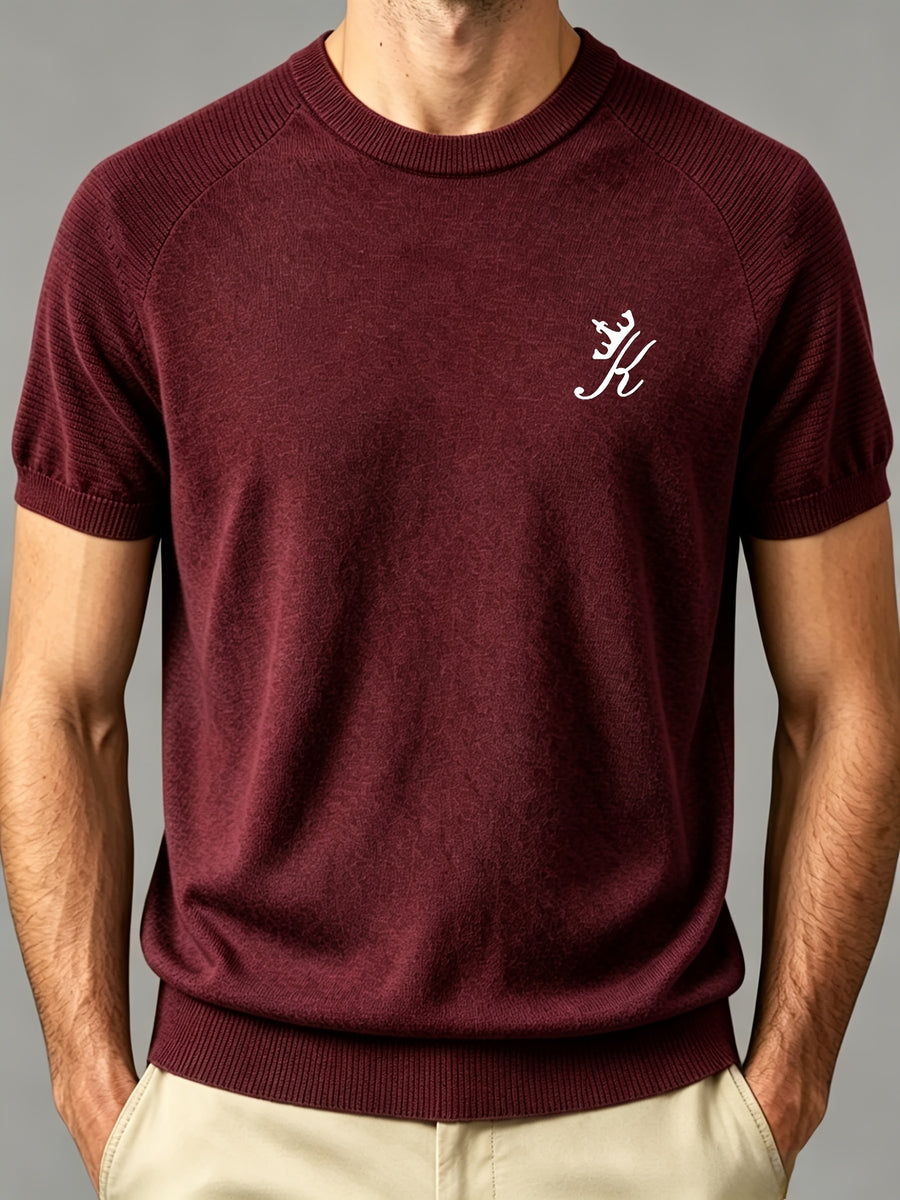 Men's Round Neck Raglan Sleeve Short Sleeve T-Shirt, Summer Breathable Solid Color Casual Versatile Business Short Sleeve Base Layer - Burgundy