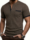 ROYALBOY Spring New Men's Casual Fashion Textured Two-Tone Striped Henley Shirt - Short Sleeve, Stand Collar, Suitable for Casual Outdoor Wear, Machine Washable, 100% Polyester Durable Wear-Resistant Fabric - Coffee Color