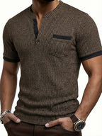 ROYALBOY Spring New Men's Casual Fashion Textured Two-Tone Striped Henley Shirt - Short Sleeve, Stand Collar, Suitable for Casual Outdoor Wear, Machine Washable, 100% Polyester Durable Wear-Resistant Fabric - Coffee Color