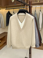 Autumn Winter New Faux Two-Piece Knit Sweater Retro Color-Block V-Neck Sweater Loose Double-Button Long Sleeve Pullover Business Casual All-Match Warm Base Layer Top Men'S Clothing - Apricot