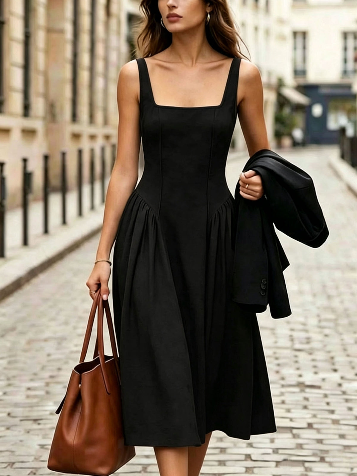 Fashionable Women's Sleeveless Puff-Style Solid Color Dress (Accessories Not Included) - New Spring/Summer Women's Clothing, Most Popular Korean Women's Apparel, Casual and Elegant Women's Dresses, Hot-Look Outfits, Women's Dresses, Women's Summer - Black
