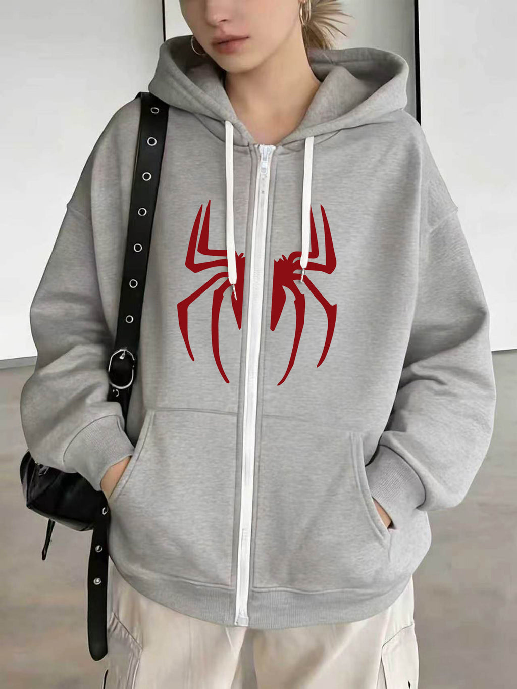 Licensed by Wb-Women'S Hoodie with Spidey Print-Spring And Autumn Casual Zip Hoodie, Fashion Sweatshirt, Spring And Autumn Vibrant Hoodie Zip Hoodie, Women'S - Light Grey