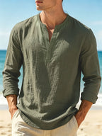 Spring/Autumn New Arrival Men's Cotton-Cotton and Linen Henley Long Sleeve Shirt, 2pcs, Solid Color Casual Top - Army Green+Grey