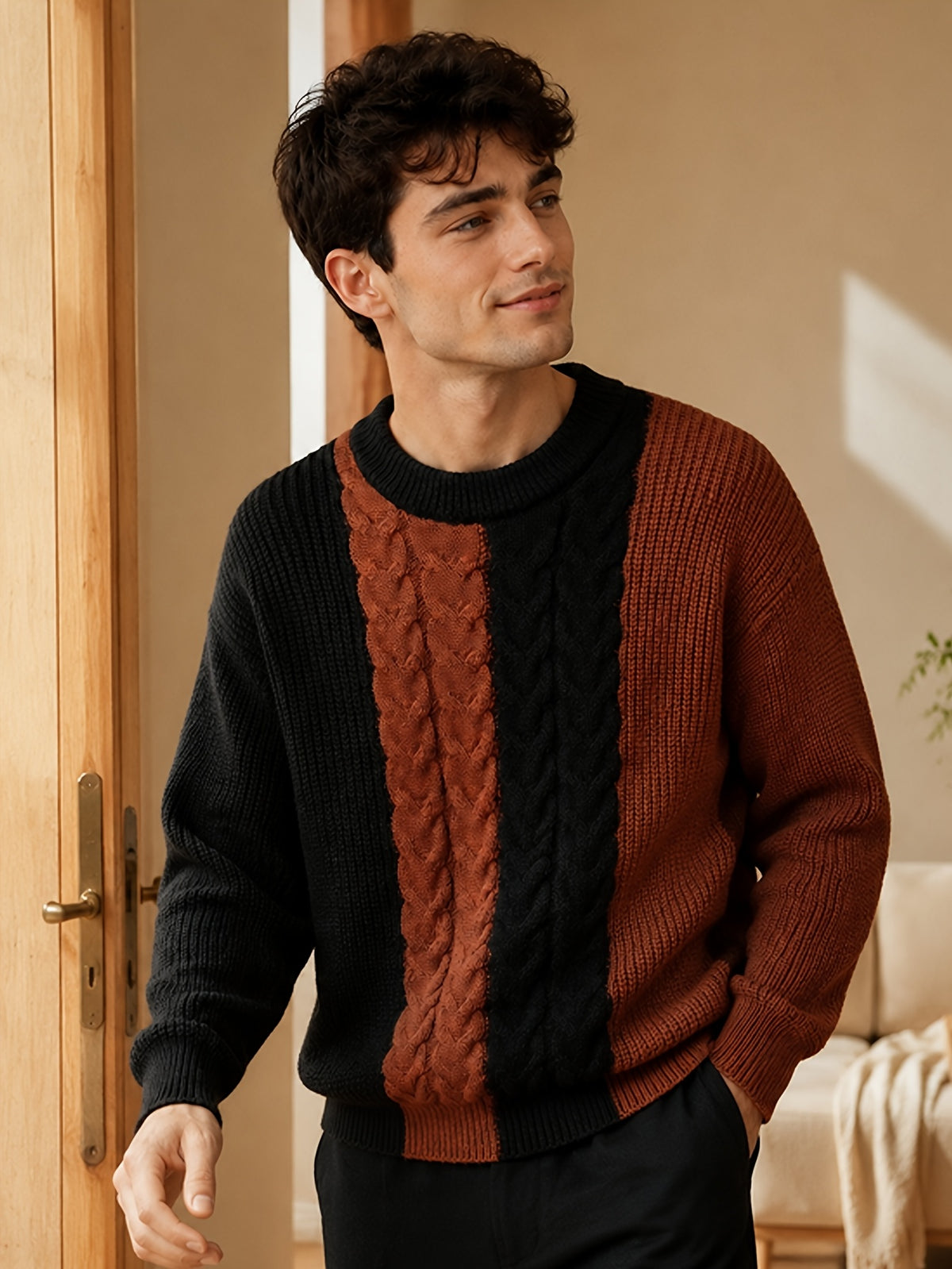 Men'S Vertical Stripe Color-Block Jacquard Round Neck Sweater, Loose Drop Shoulder Fit, Casual Relaxed Style, Flattering for All Body Types, Ideal for Daily Outings, Dates, And Commuting - SINBOS - Red