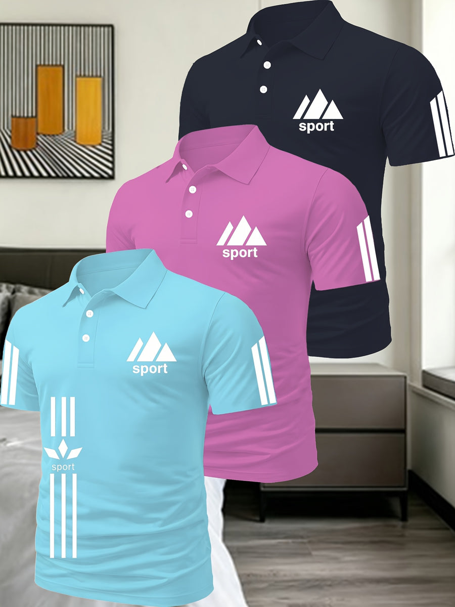 Light Luxury Men'S Solid Color Polo Shirt 3pcs Set Multi-Scene Golf Outfit Top - Sky Blue Pink Navy Blue
