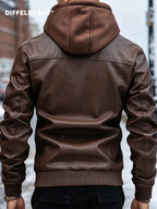 DIFFELEMENT Men's Detachable Hooded Motorcycle Jacket, Windproof and Warm for Winter, Soft and Smooth Fabric, Double-Layer Zipper Design, Multiple Zippered Pockets, Cuffed Sleeves, Regular Fit Motorcycle Outerwear. Suitable for Motorcycle Riding - Coffee Color