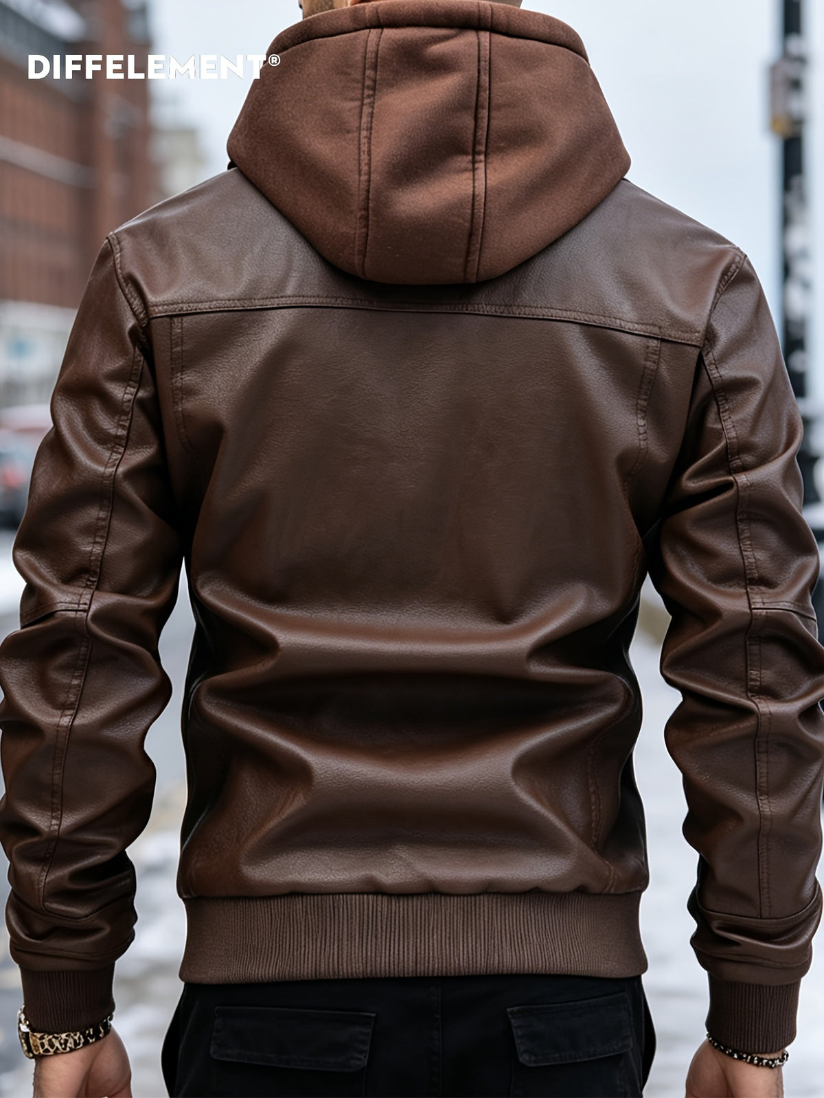 DIFFELEMENT Men's Detachable Hooded Motorcycle Jacket, Windproof and Warm for Winter, Soft and Smooth Fabric, Double-Layer Zipper Design, Multiple Zippered Pockets, Cuffed Sleeves, Regular Fit Motorcycle Outerwear. Suitable for Motorcycle Riding - Coffee Color