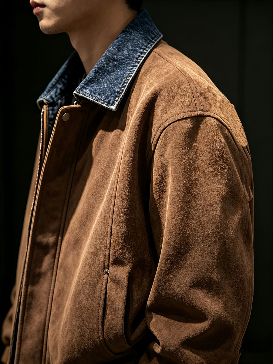 Men's American Vintage Style with Full Atmospheric Vibe! Denim Collar with Color-block Patchwork, Loose Drop-shoulder Fit for a Slimming and Versatile Look, the Perfect Streetwear Top Coat for Autumn and Winter. Trachten Jacket - Coffee Color