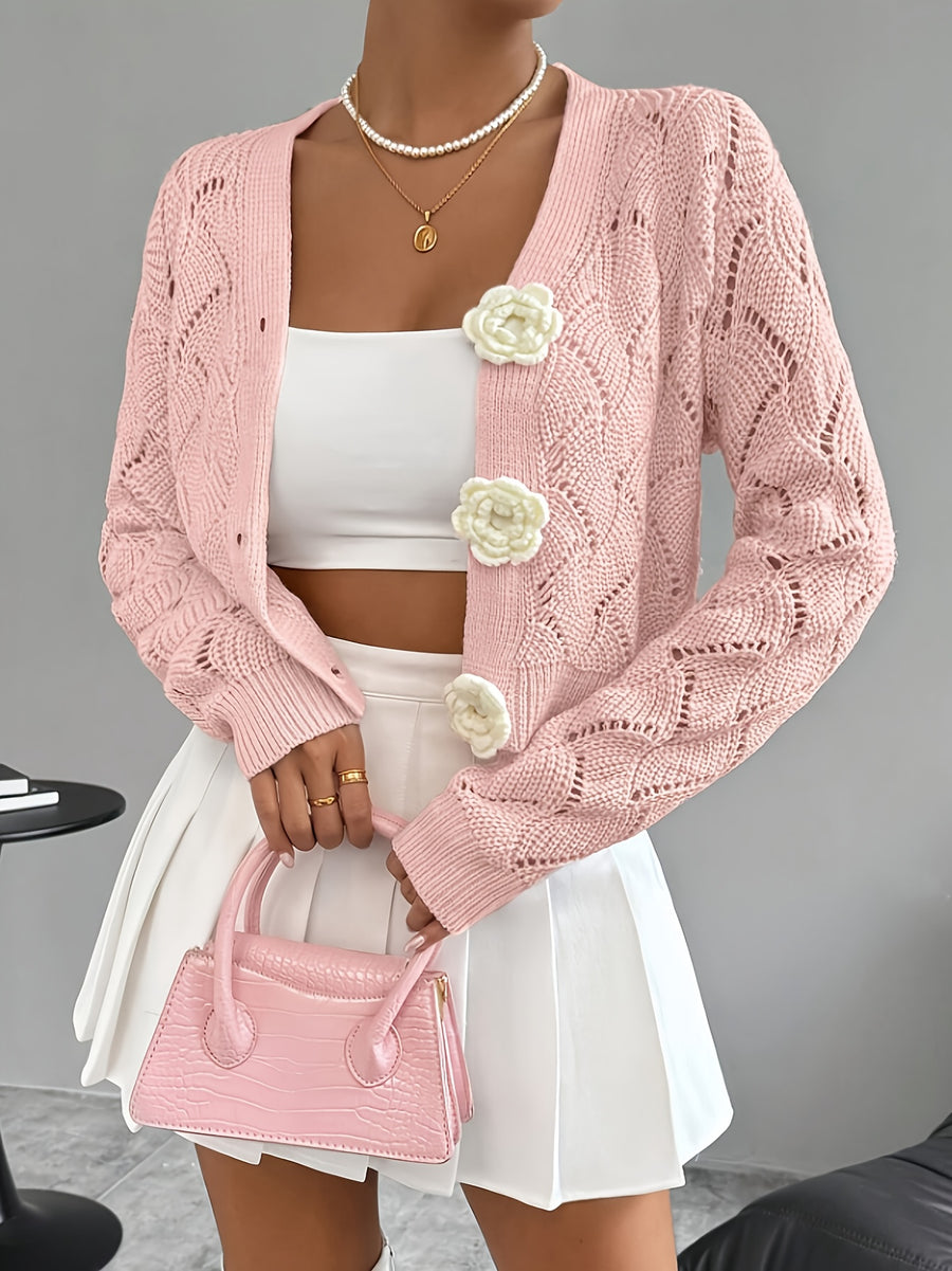 Spring 2026 Spring/Summer Women'S Handcrafted 3D Floral Embellishment Western Fashion Elegant Solid Lace Crochet Cardigan Top Jacket Women'S, Suitable for Daily Wear And Commuting, Spring Outing, All Seasons, Versatile Style - Pink Color