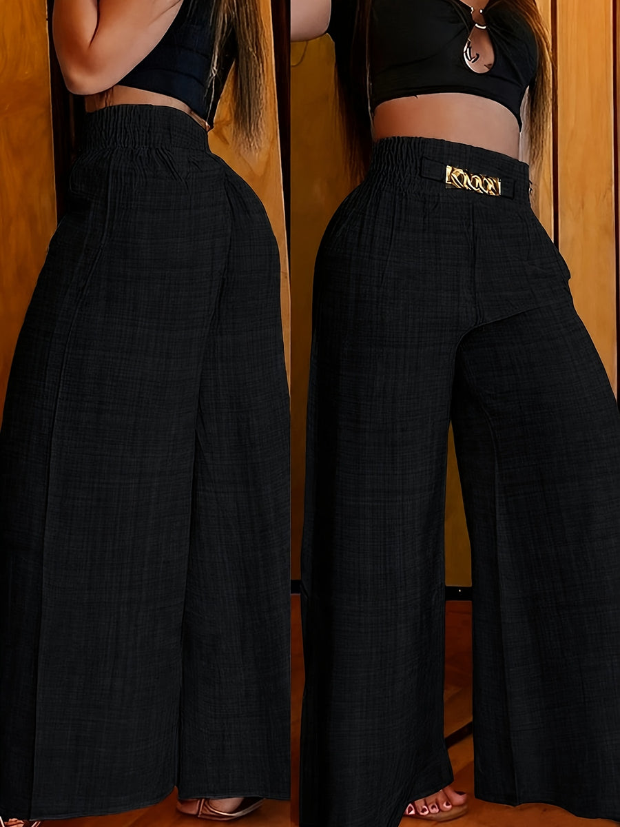 【imitation denim】[Printed Pants - Not Faux Denim Fabric]Women'S Elegant And Fashionable Faux Denim Waist Metal Buckle Elastic Waist Wide-Leg Pants, Solid Color Casual Comfortable Commuting Street Vacation Slightly Loose Straight-Leg Pants - Black