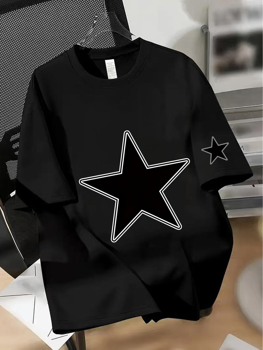 Men's 2026 New Arrival Short Sleeve T-Shirt - Soft Breathable Regular Fit Round Neck Tee with Five-Pointed Star Print, Suitable for Casual Attire, Outdoor Activities & Gym, Casual Athletic Shirt for All Seasons, Machine Washable for Males - Black