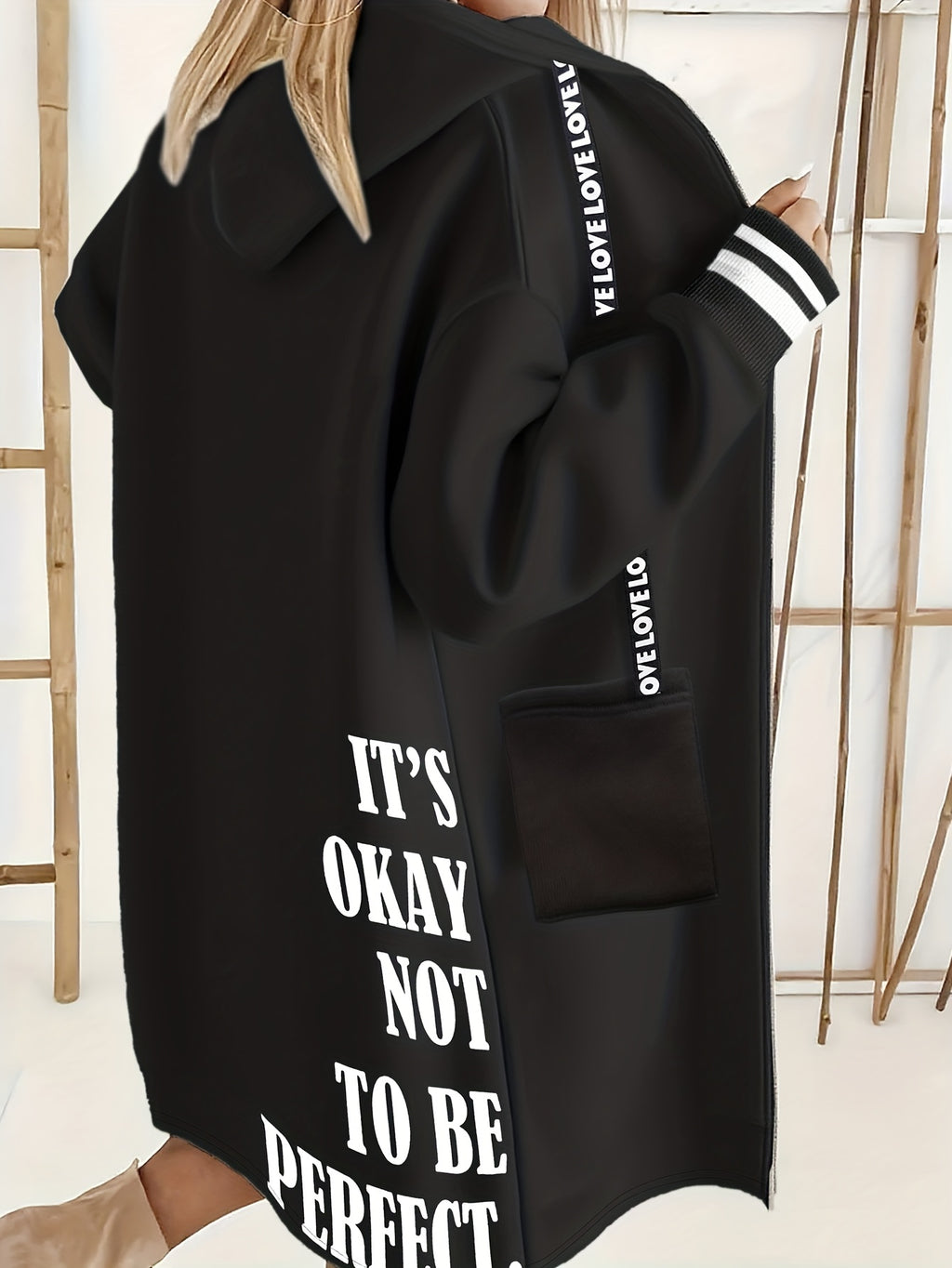 Autumn and Winter Women's Casual Fashion "It's Okay Not to Be Perfect" English Print Long Sleeve Hooded Sweatshirt Jacket, Mid-Length Zip-Up Loose Casual Coat with Pockets, -Lined Warm Comfortable ILOVE English Print Drawstring Fashion Versatile I - Black