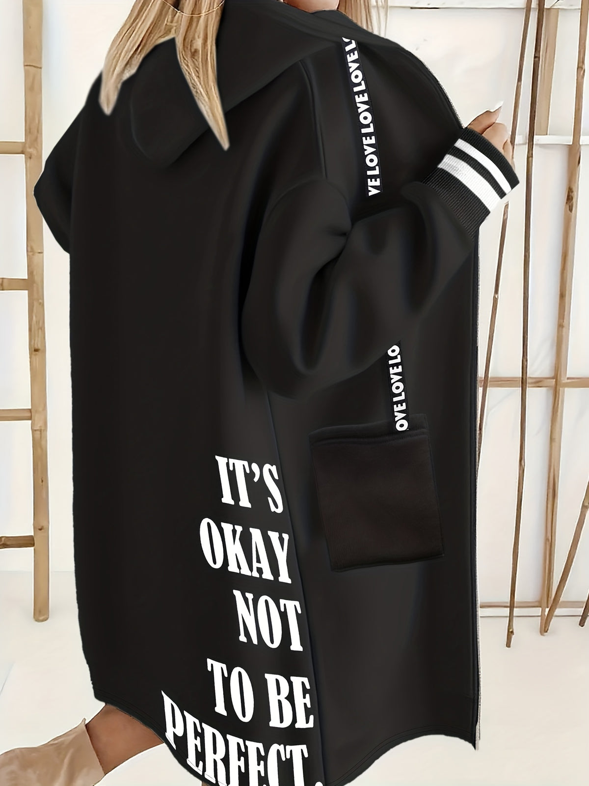 Autumn and Winter Women's Casual Fashion "It's Okay Not to Be Perfect" English Print Long Sleeve Hooded Sweatshirt Jacket, Mid-Length Zip-Up Loose Casual Coat with Pockets, -Lined Warm Comfortable ILOVE English Print Drawstring Fashion Versatile I - Black
