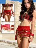 2pcs Women's Handmade Bohemian Dance Waist Skirt & Hip Scarf Chain with Bracelet - Multicolor Metal Cloth Suitable for Stage Performance, Carnival Party, Ethnic Festival Costume Accessories, Middle Eastern Festival Clothing - 【Red】