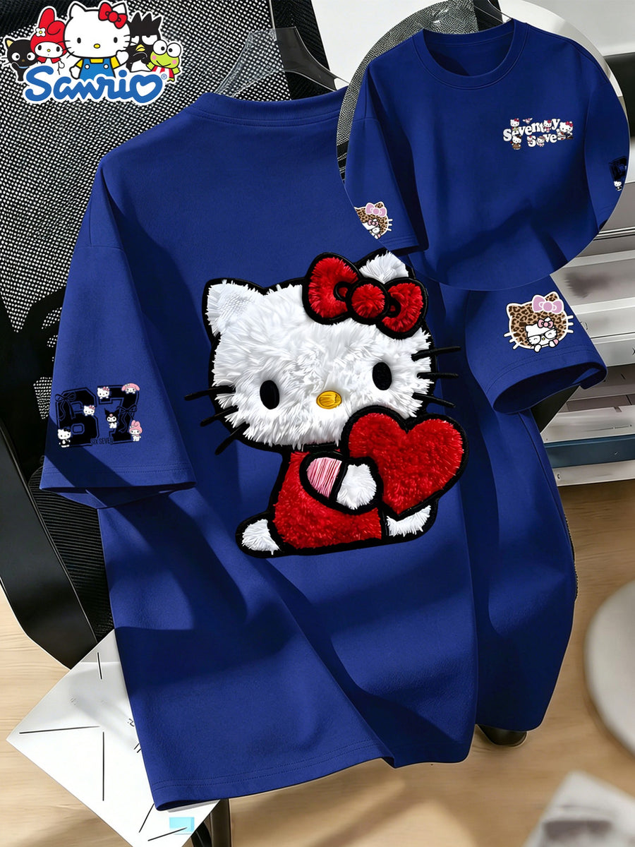 Women'S Round Neck 100% Short Sleeve T-Shirt, Hello Kitty Classic Red Bow Heart Pattern Cartoon Print Design, Casual Comfortable Everyday Versatile Short Sleeve Tee, Women'S Fashion Trendy Spring Summer Fall Casual Short Sleeve Top, Home Party Wear - Color Blue