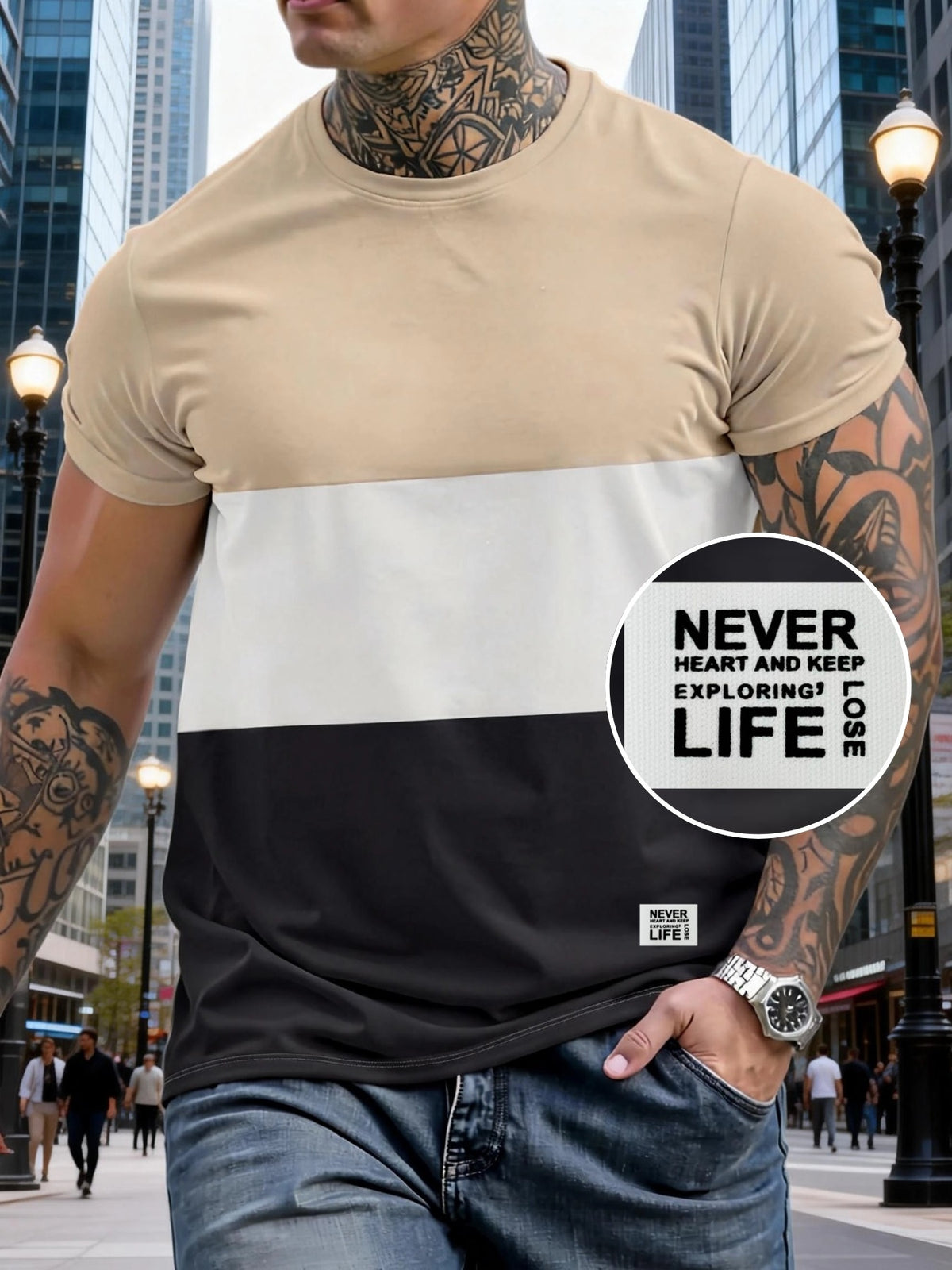 180g 100% Men's Three-Color Patchwork Short-Sleeve Top, Positioning Badge "NEVER LIFE": Summer All-Season Base Layer, Factory-Made for Men, Comfortable, High-Quality, High-Fit Rate, Casual Sportswear - Multicolor 7