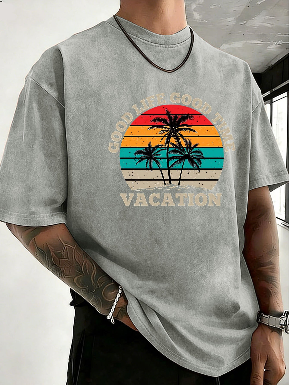Loose Short Sleeve T-Shirt Men'S Heavyweight Pure Washed Distressed Top Trendy Double-Sided Print 12 Colors Free to Match Street Hip-Hop Style Casual Outing Sports Fitness Commuting Couple Style American Street Short Sleeve - Grey