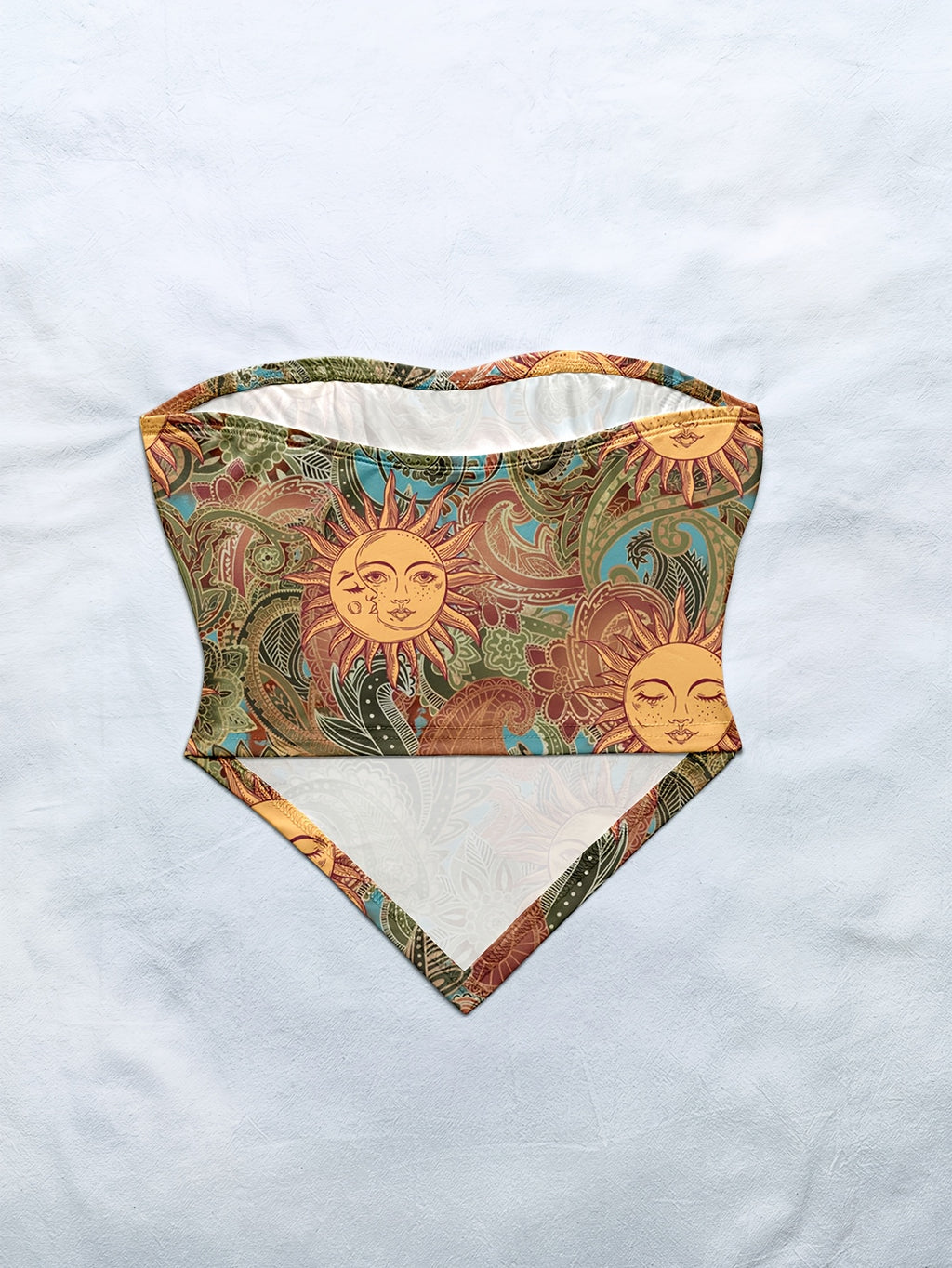 Women'S Spring/Summer New Brand Special Boho Beach Tropical Vacation Outfits | Retro Sun Pattern Print Slim Fit Bustier Crop Tops with Asymmetrical Bandeau Collar - Olive