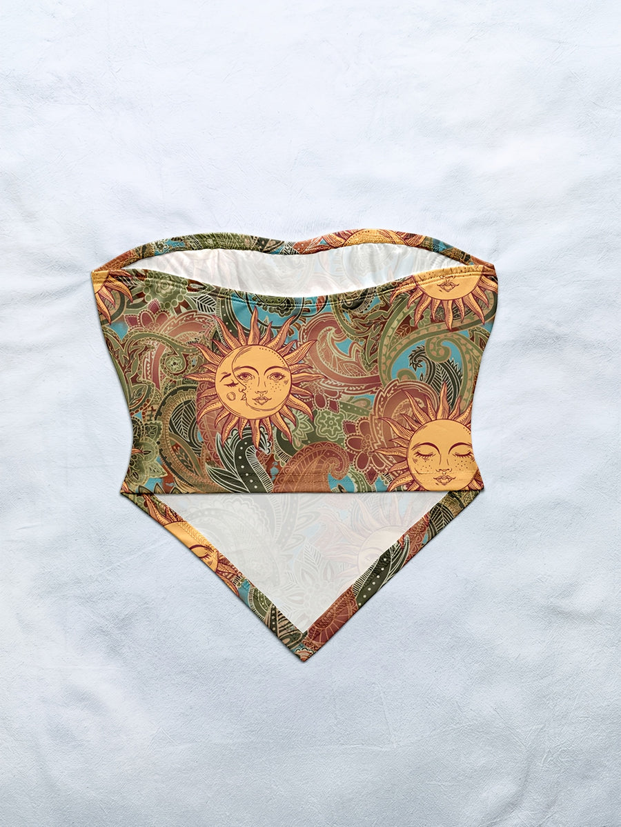 Women'S Spring/Summer New Brand Special Boho Beach Tropical Vacation Outfits | Retro Sun Pattern Print Slim Fit Bustier Crop Tops with Asymmetrical Bandeau Collar - Olive