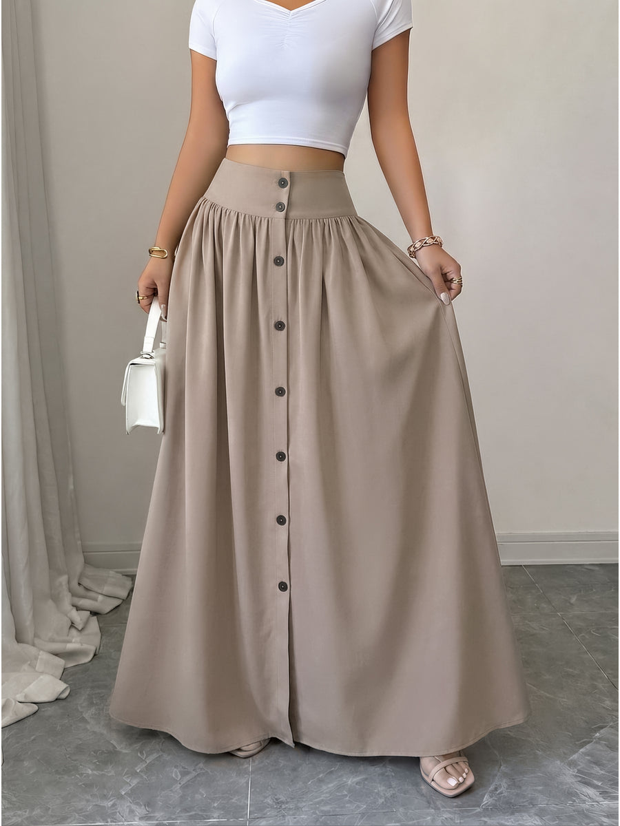 Women'S Button-Long Skirt, Fashionable Versatile Vacation Office Christmas Date Spring Autumn New - Khaki